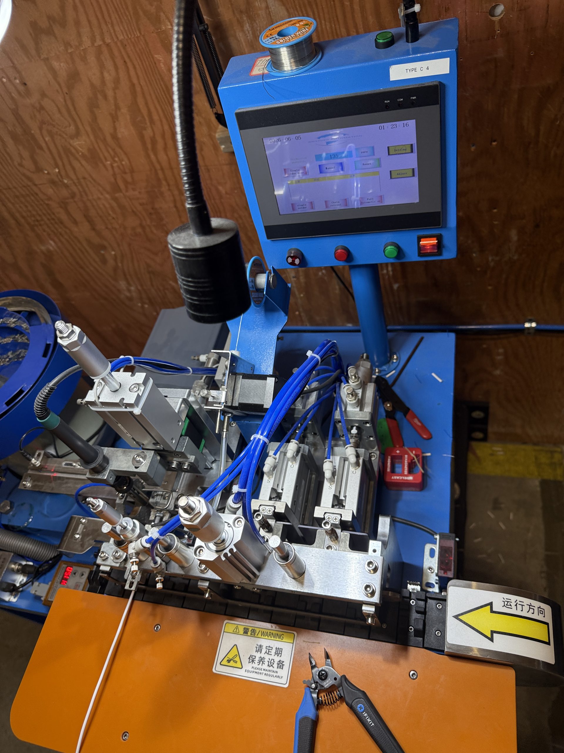 Automated connector assembly station with TYPE C 4 control panel and pneumatic tooling